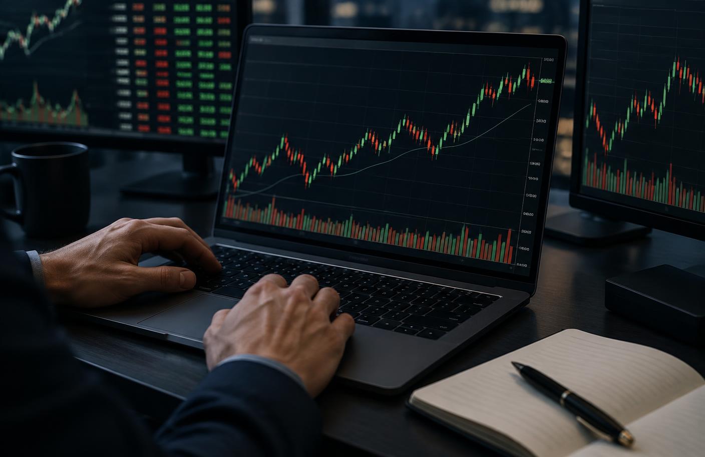 Trader analyzing a candlestick chart on a laptop