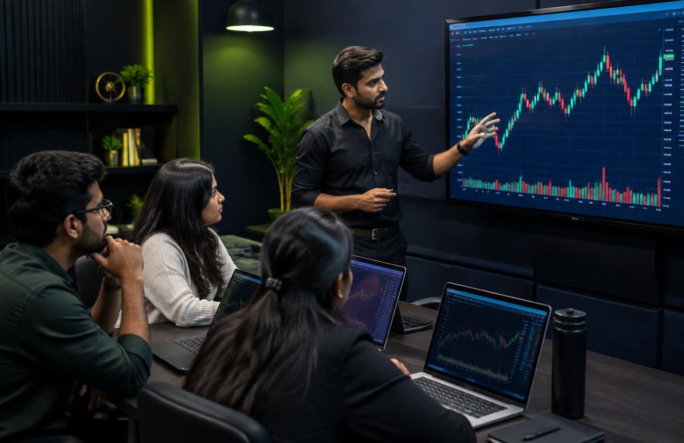 Indian trading mentor teaching candlestick analysis to a small classroom