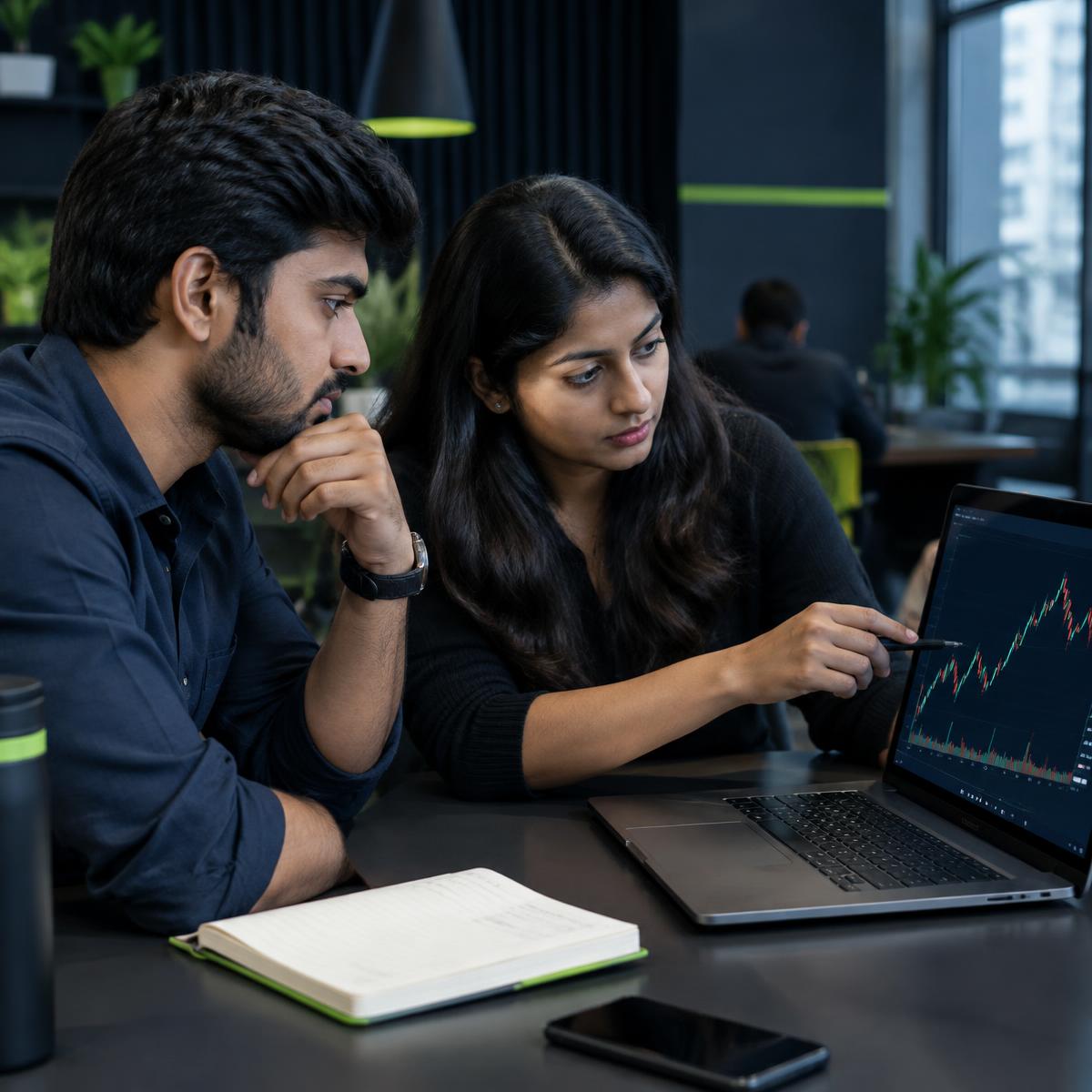 Two learners discussing technical analysis together on a laptop