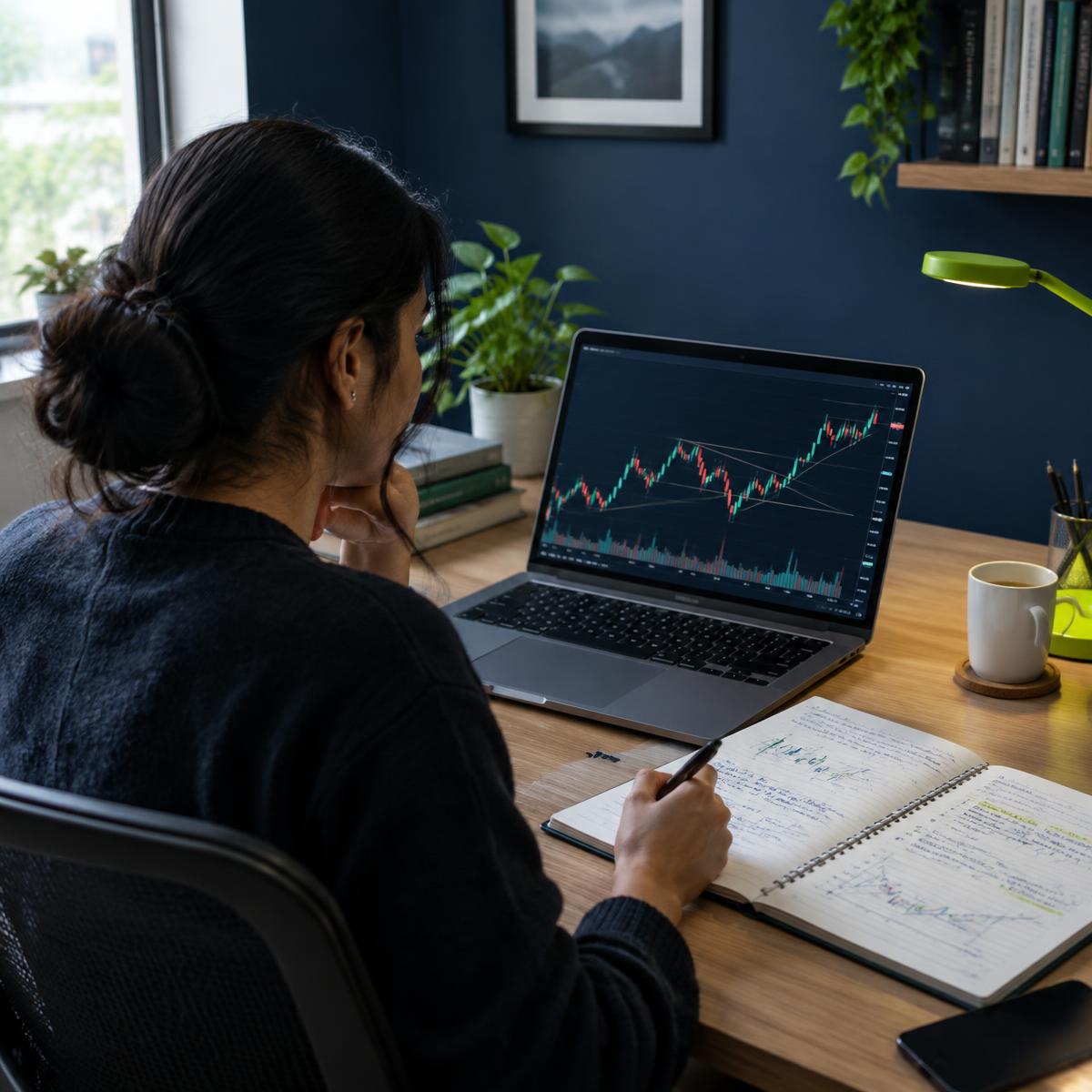 Student reviewing a candlestick chart and keeping a trading journal